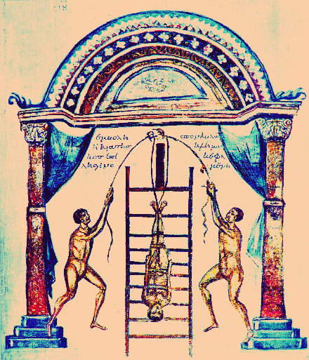 Early Greek traction device, from Galen's 200 AD work on Orthopedics.  Today working class Jacksonites are being strung up by tax dodging transplants.